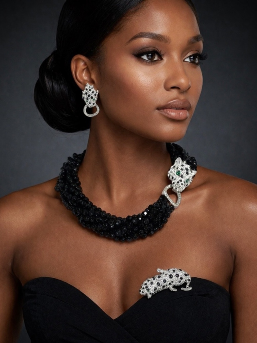 KENNETH JAY LANE BLACK TORSADE NECKLACE, CRYSTAL LEOPARD EARRINGS & BROOCH SET